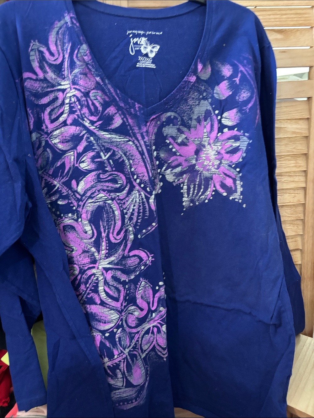Just My Size Navy V-Neck Long Sleeve Top with Floral Print 3X
